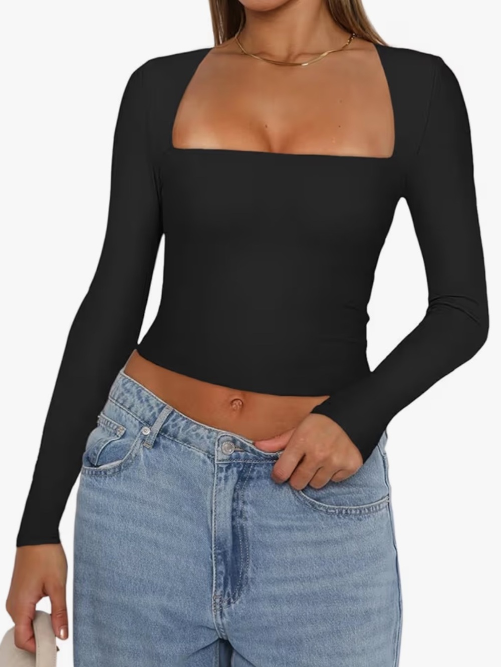 ReoRia Black Square-Neck Long Sleeve Crop Top